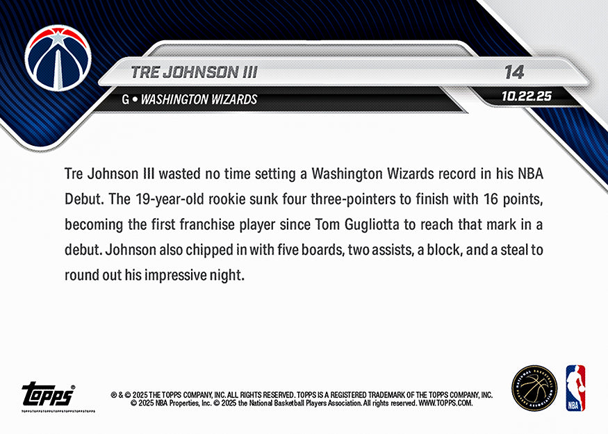 Tre Johnson - 2025-26 NBA Topps NOW® - Card 14