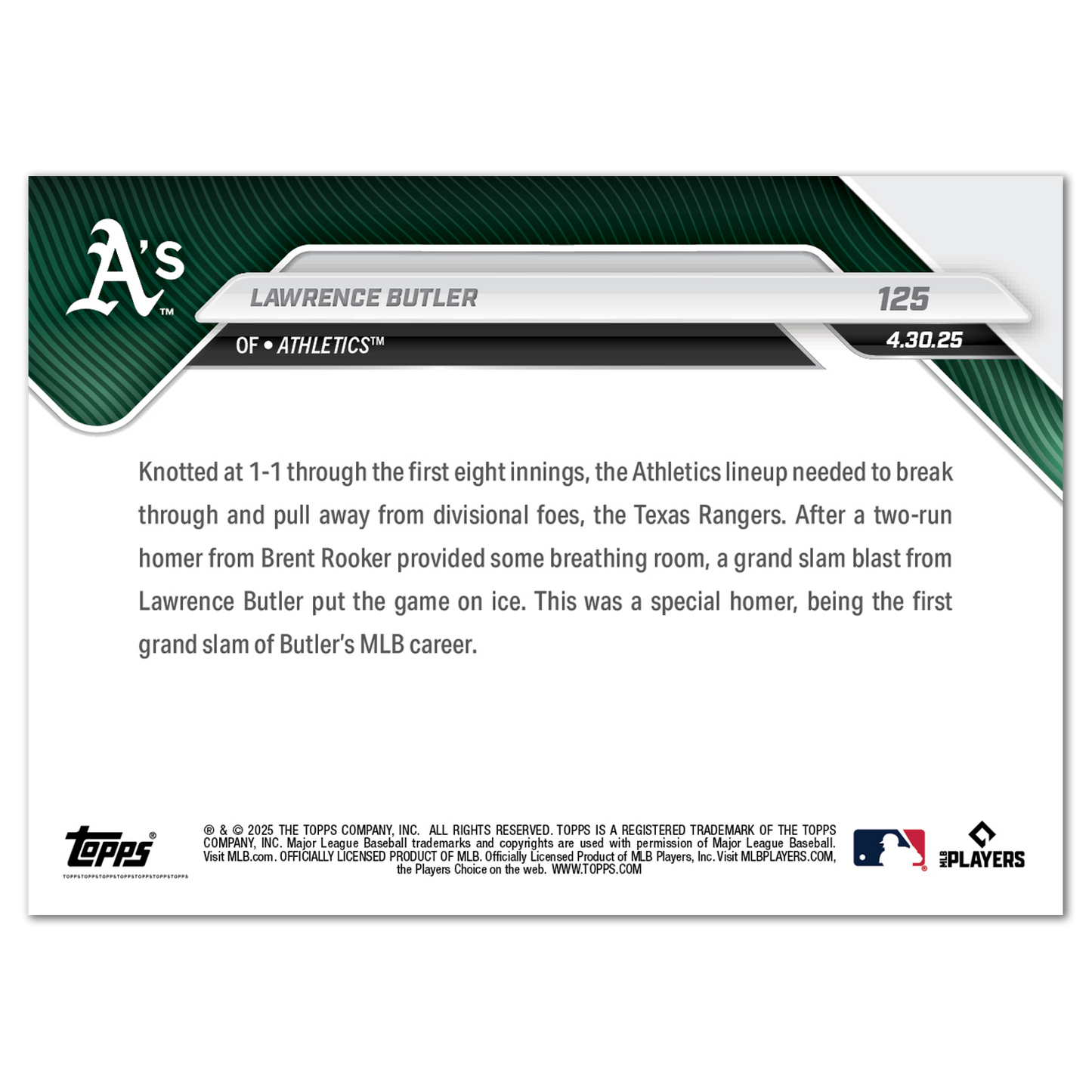 Lawrence Butler - 2025 MLB Topps NOW® - Card 125