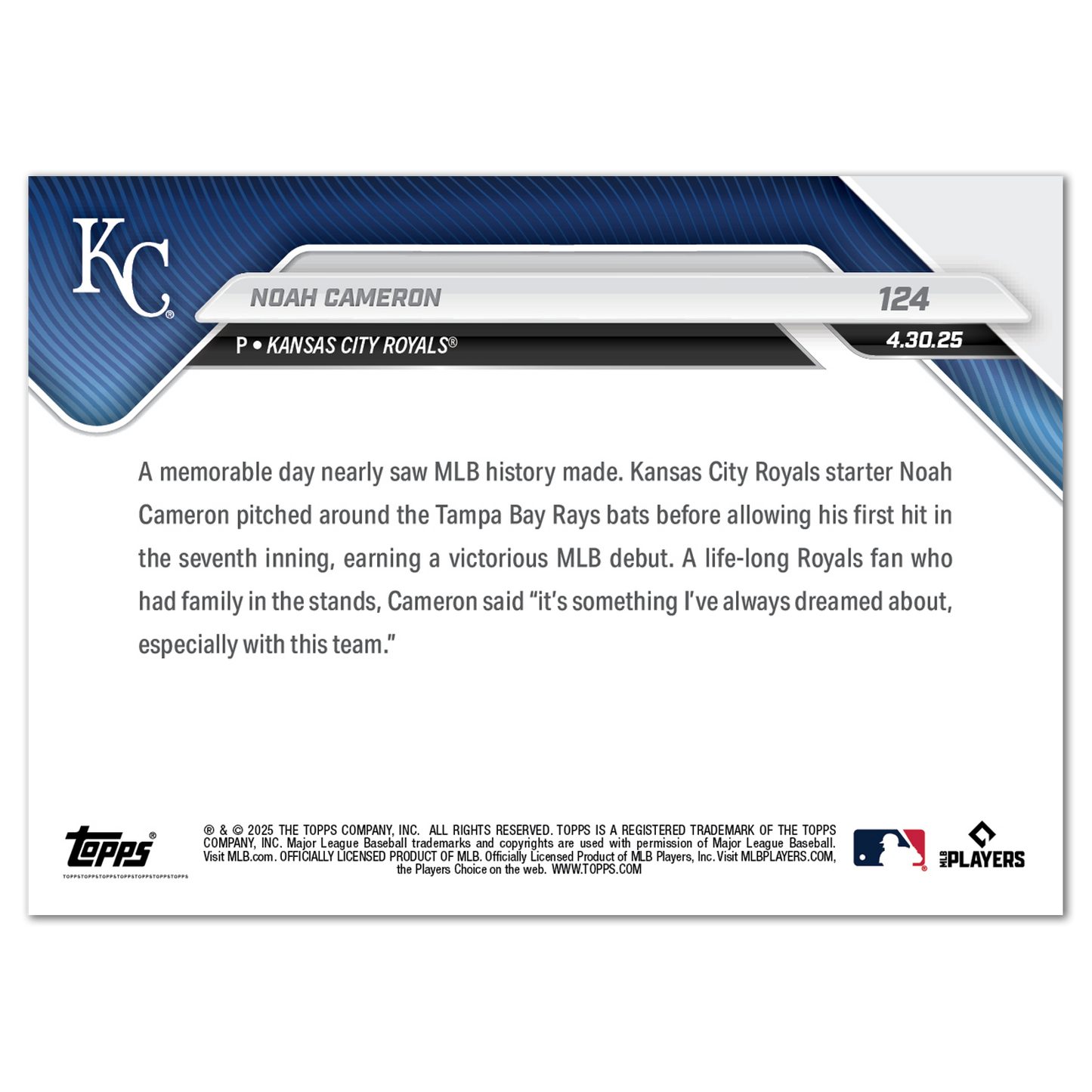 Noah Cameron - 2025 MLB Topps NOW® - Card 124