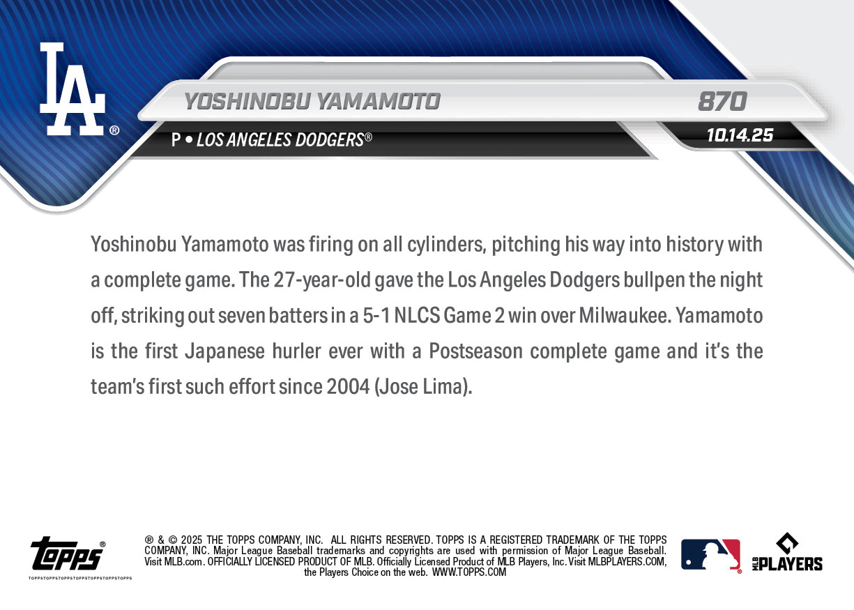 Yoshinobu Yamamoto - 2025 MLB Topps NOW® - Card 870
