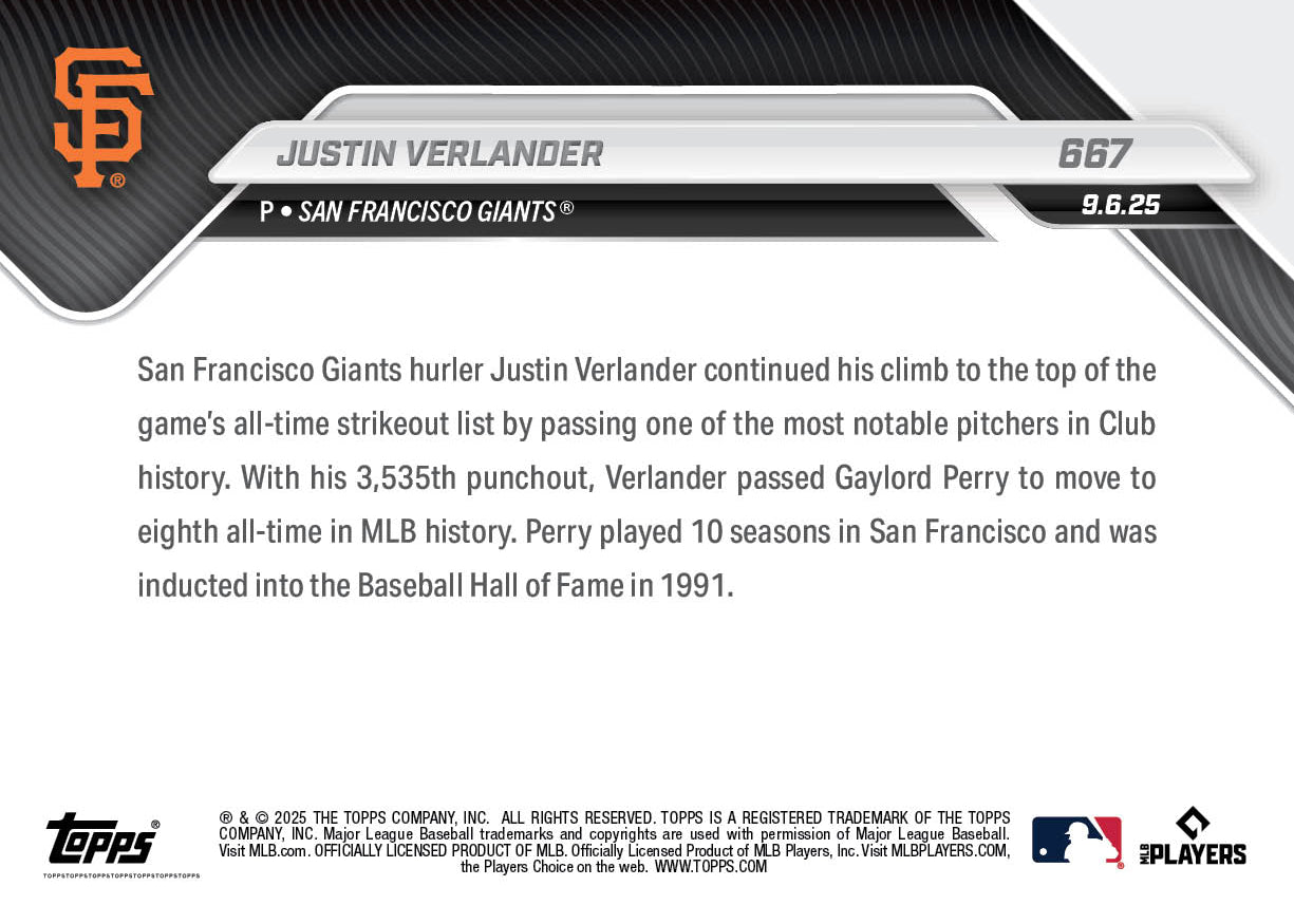 Justin Verlander - 2025 MLB Topps NOW® - Card 667