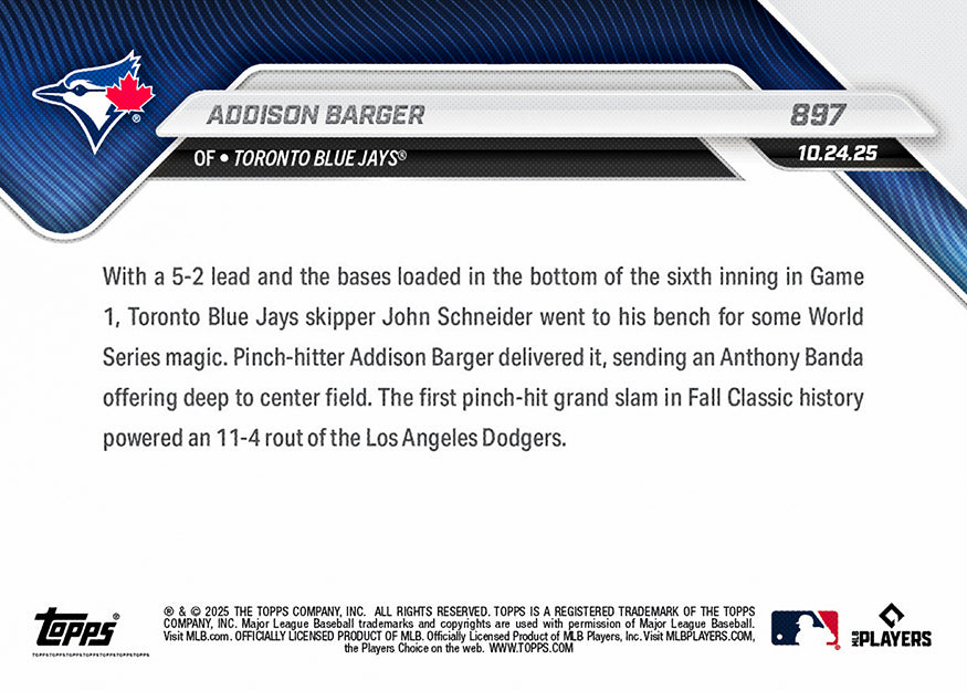 Addison Barger - 2025 MLB Topps NOW® - Card 897