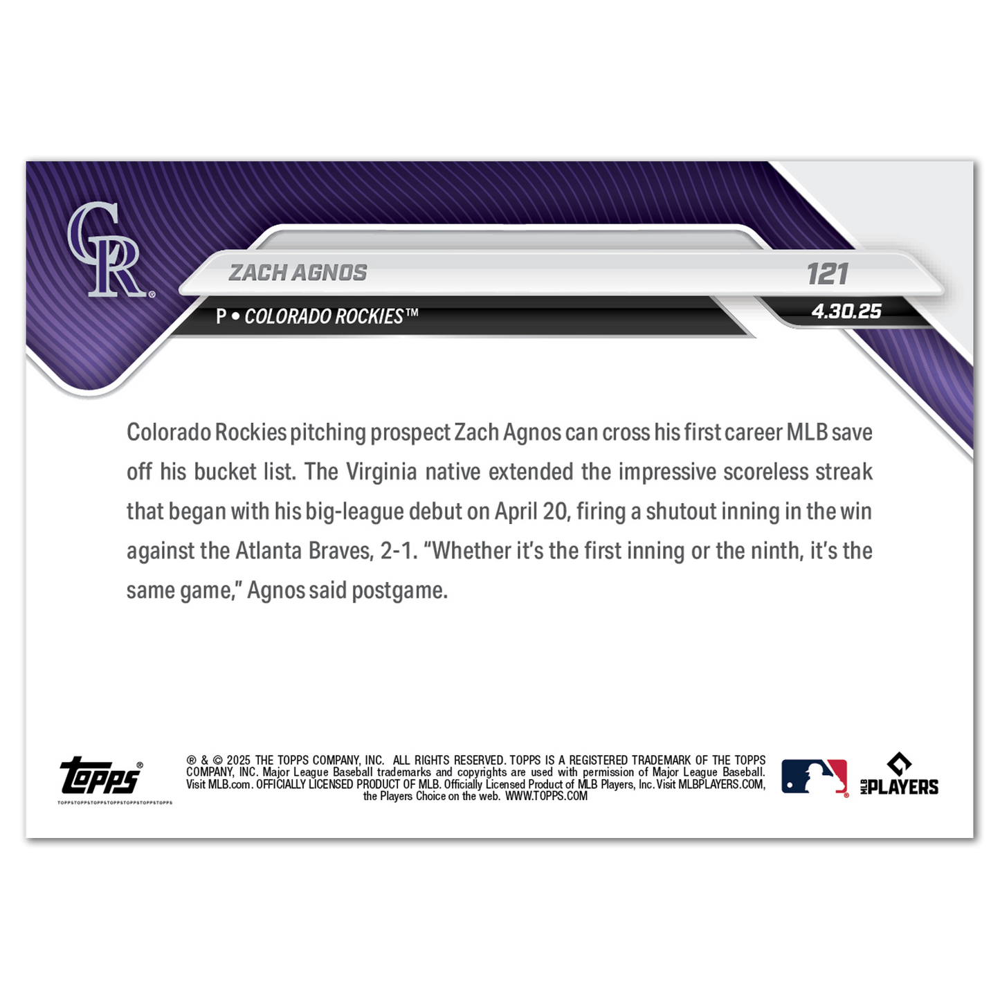 Zach Agnos - 2025 MLB Topps NOW® - Card 121