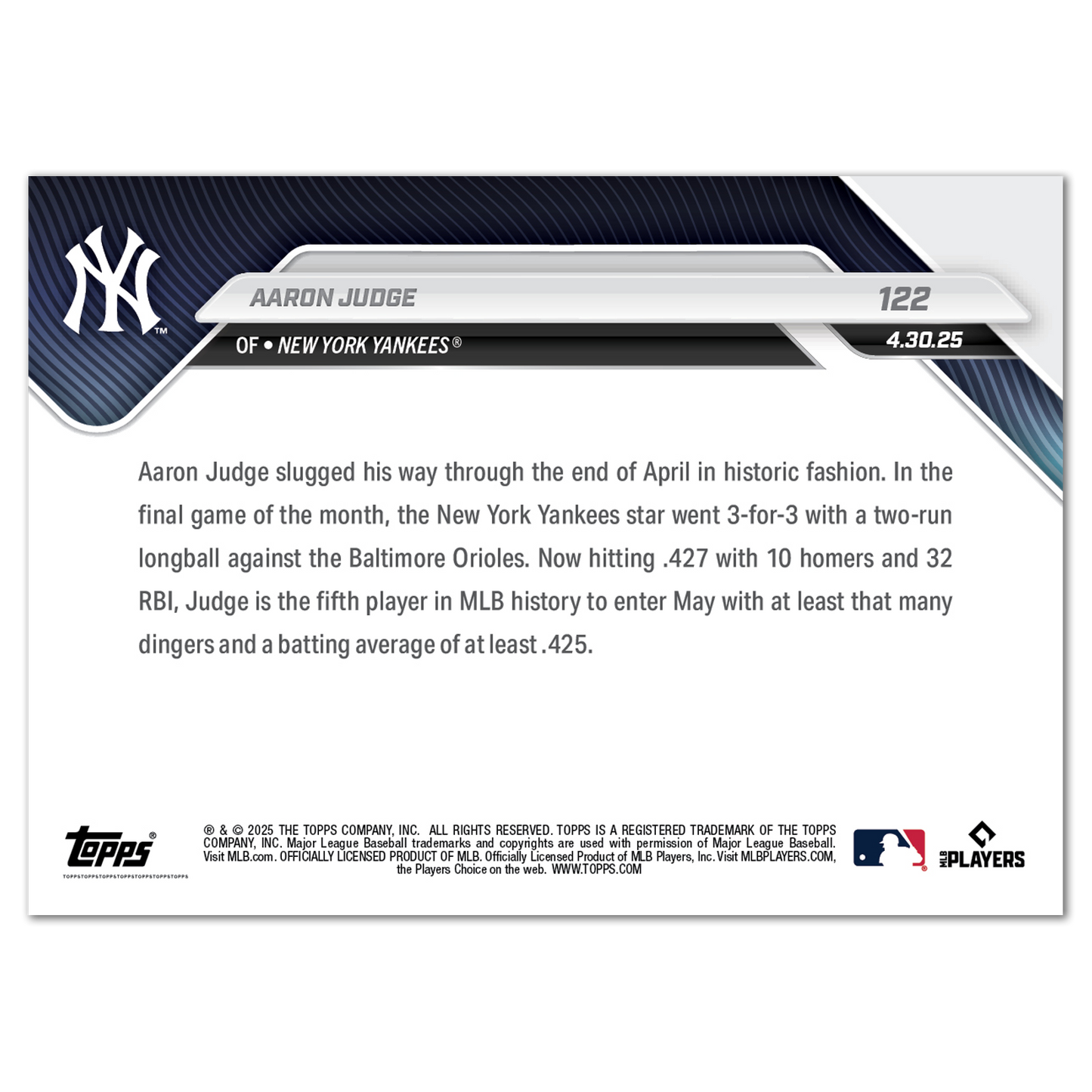 Aaron Judge - 2025 MLB Topps NOW® - Card 122