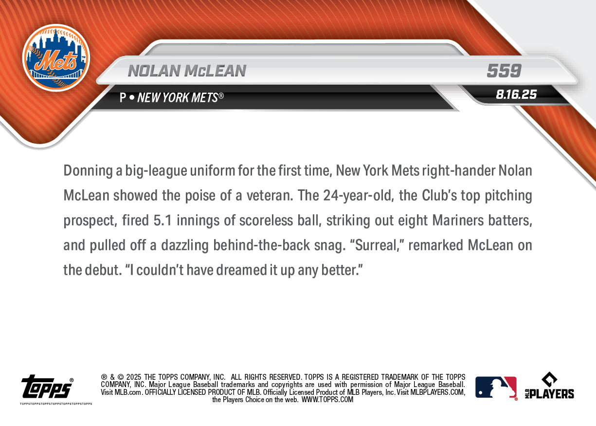 Nolan McLean - 2025 MLB Topps NOW® - Card 559