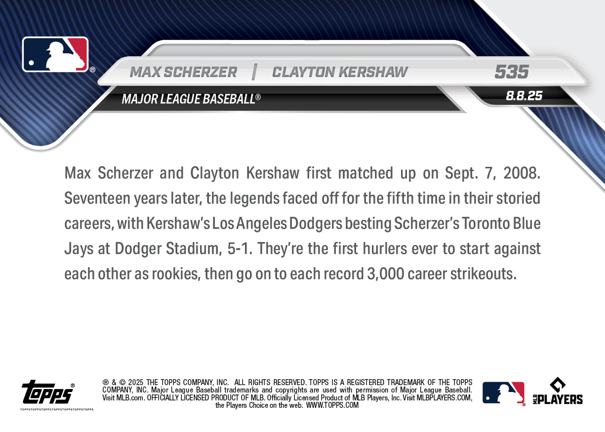 Max Scherzer/Clayton Kershaw - 2025 MLB Topps NOW® - Card 535