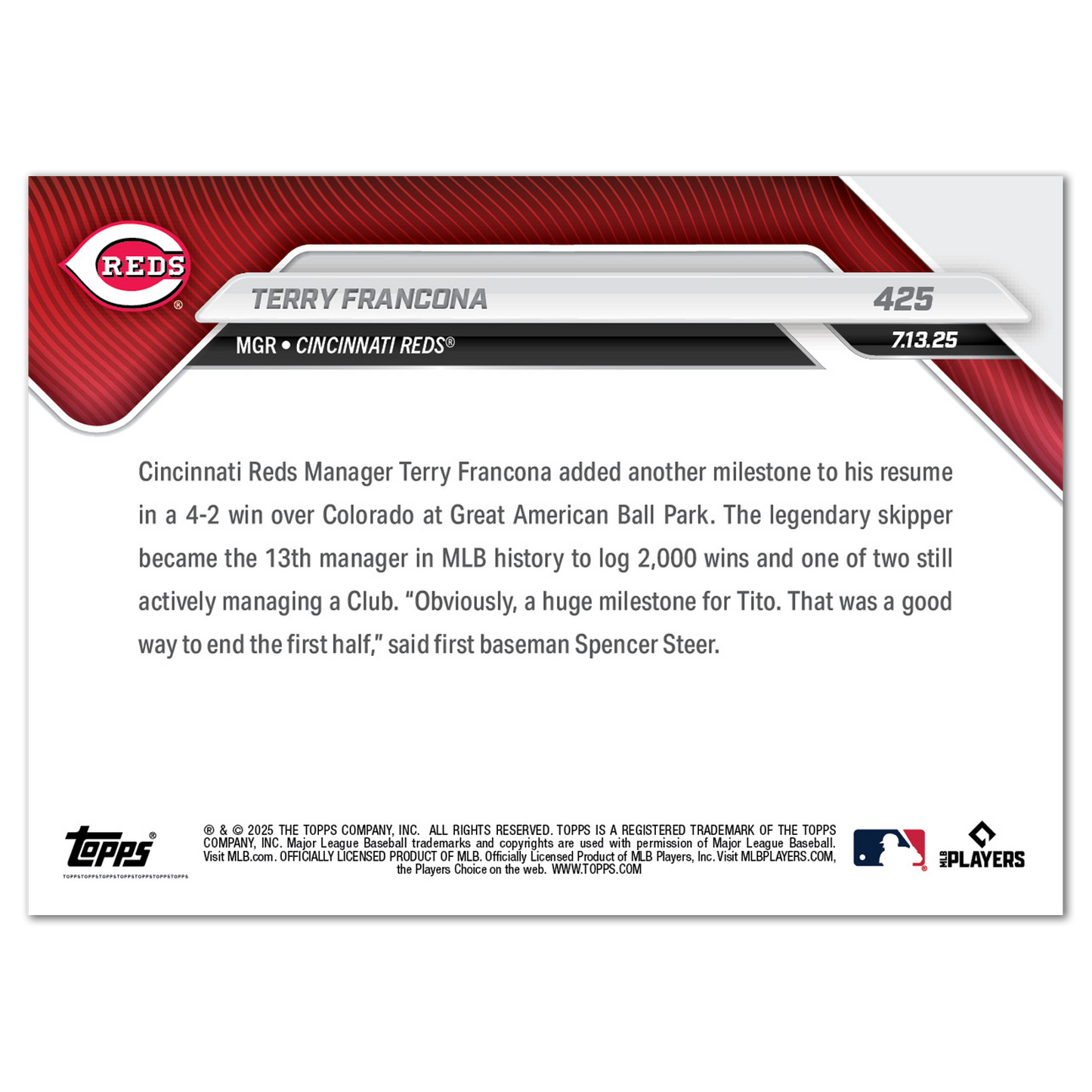 Terry Francona - 2025 MLB Topps NOW® - Card 425 - LOOK FOR AUTOS