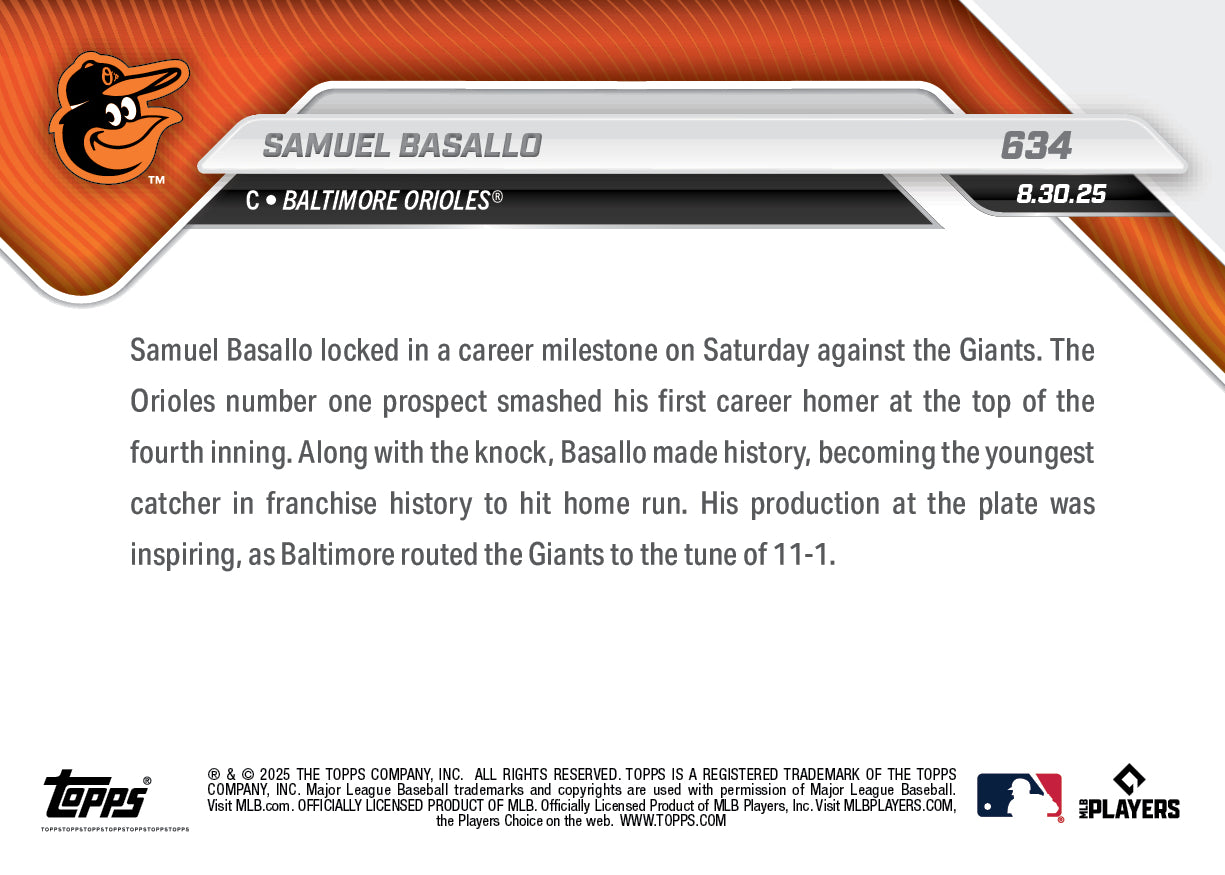 Samuel Basallo - 2025 MLB Topps NOW® - Card 634