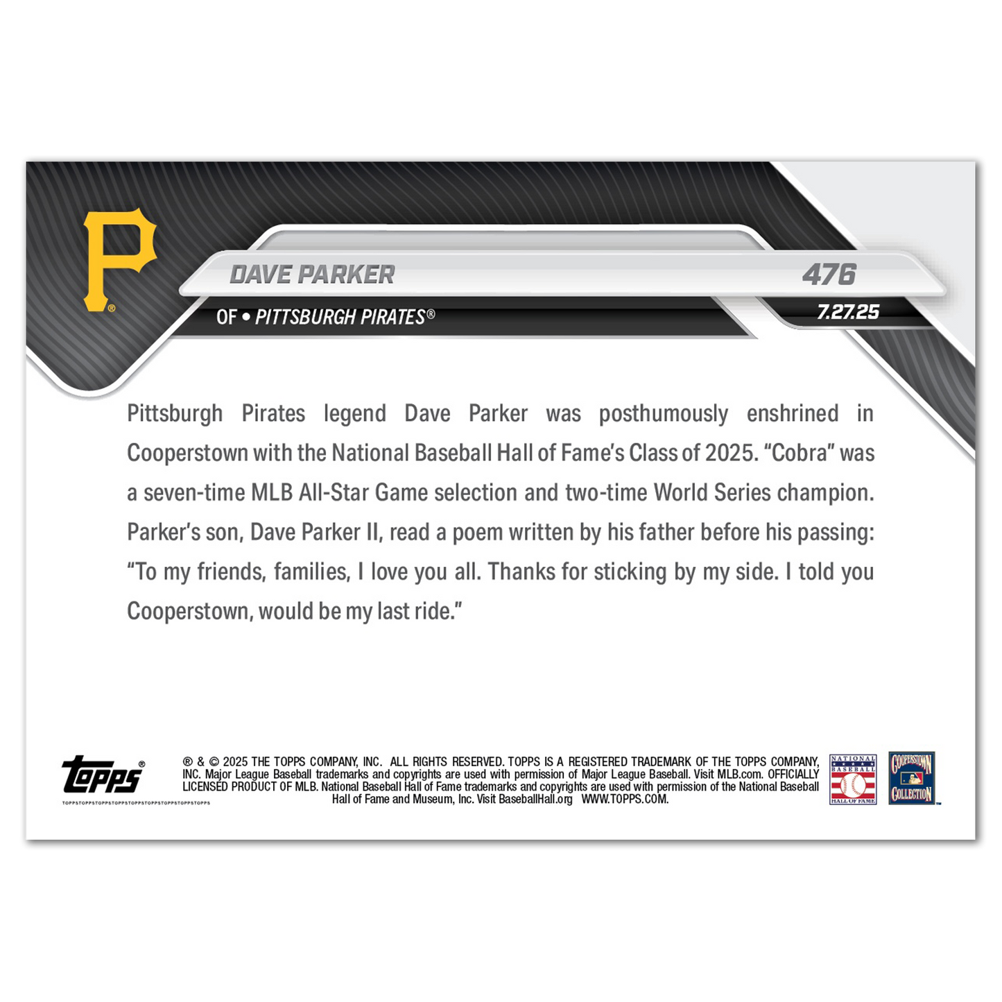 Dave Parker - 2025 MLB Topps NOW® - Card 476