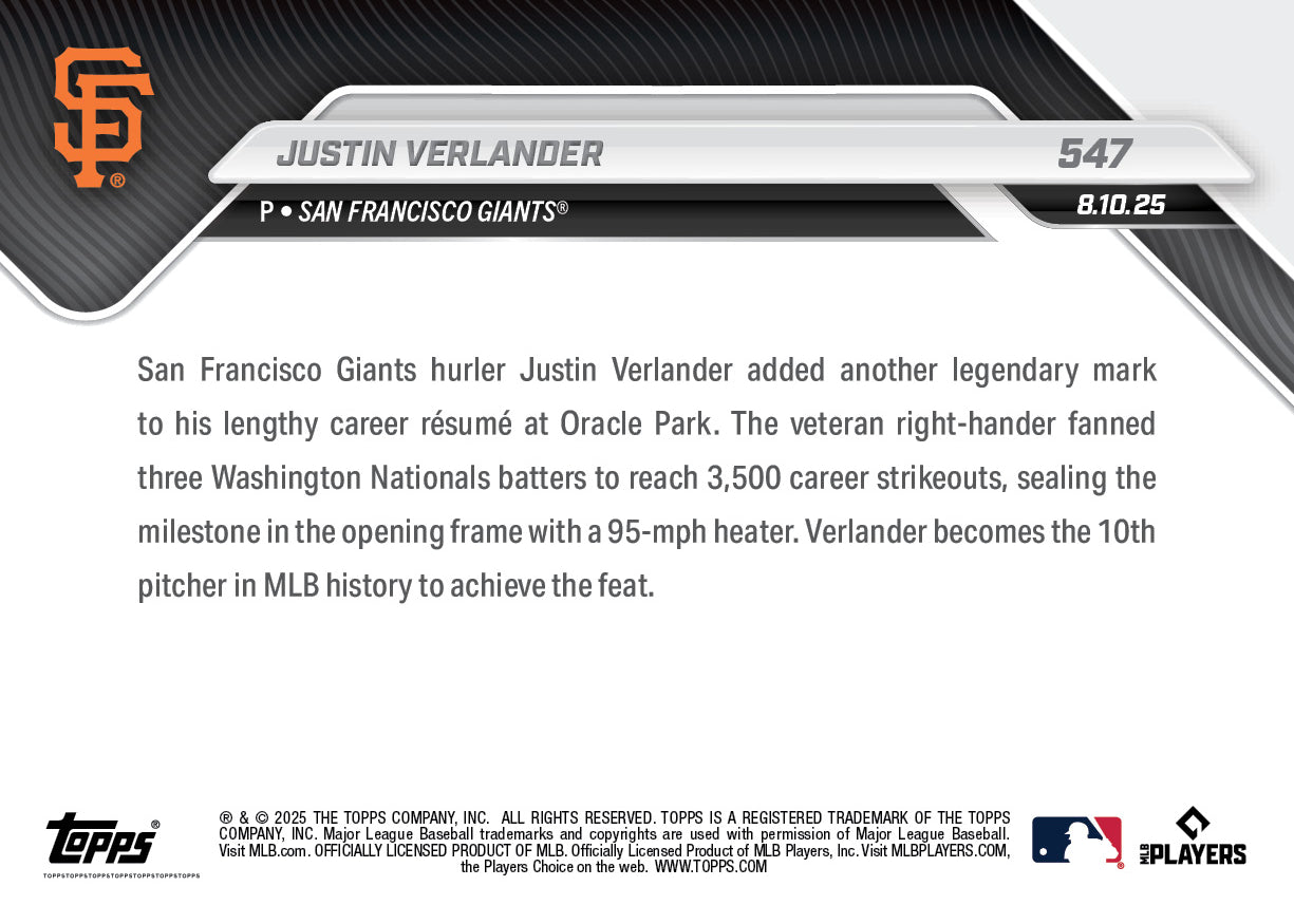 Justin Verlander - 2025 MLB Topps NOW® - Card 547