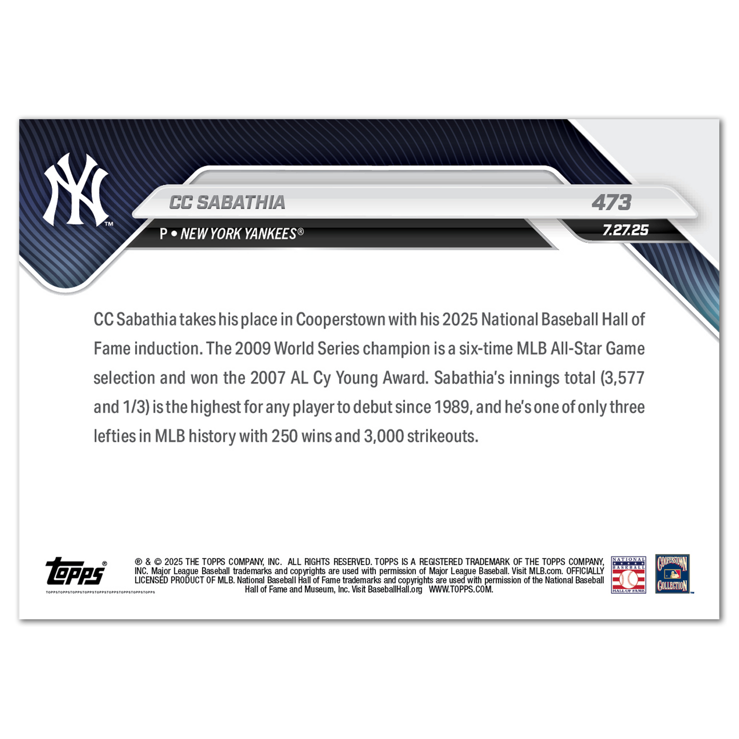 CC Sabathia - 2025 MLB Topps NOW® - Card 473 - LOOK FOR AUTOS