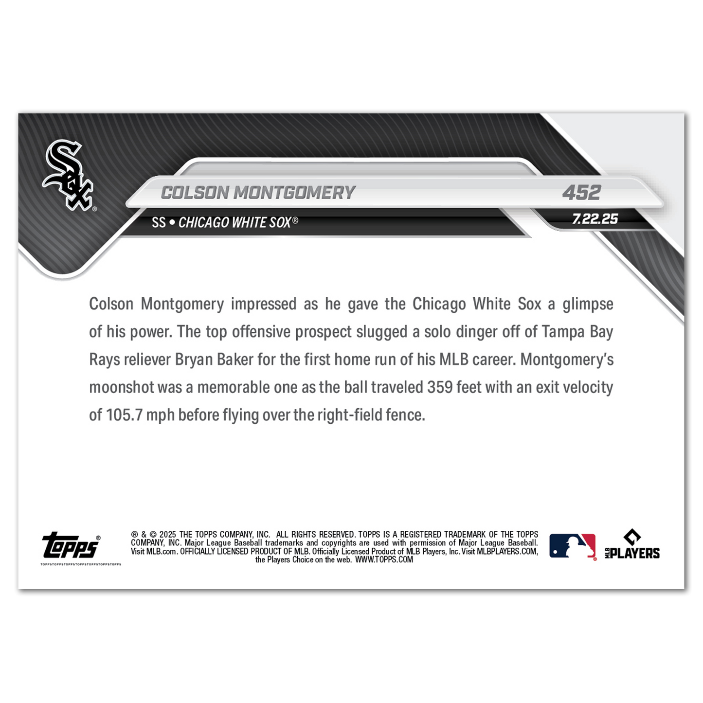 Colson Montgomery - 2025 MLB Topps NOW® - Card 452