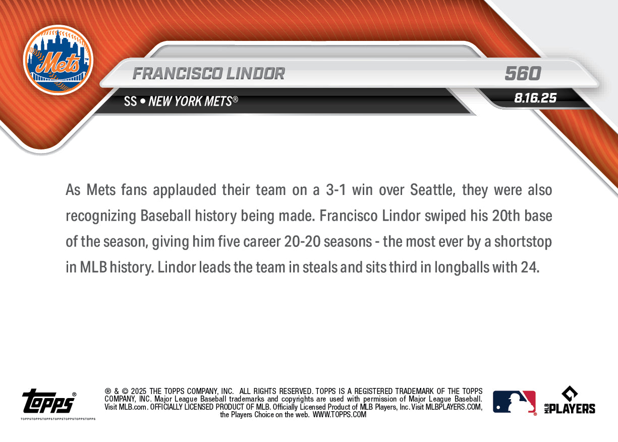Francisco Lindor - 2025 MLB Topps NOW® - Card 560