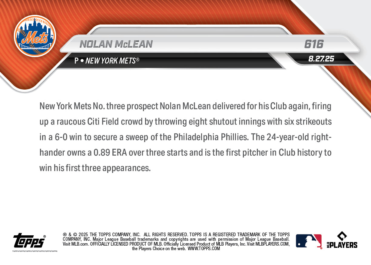 Nolan McLean - 2025 MLB Topps NOW® - Card 616