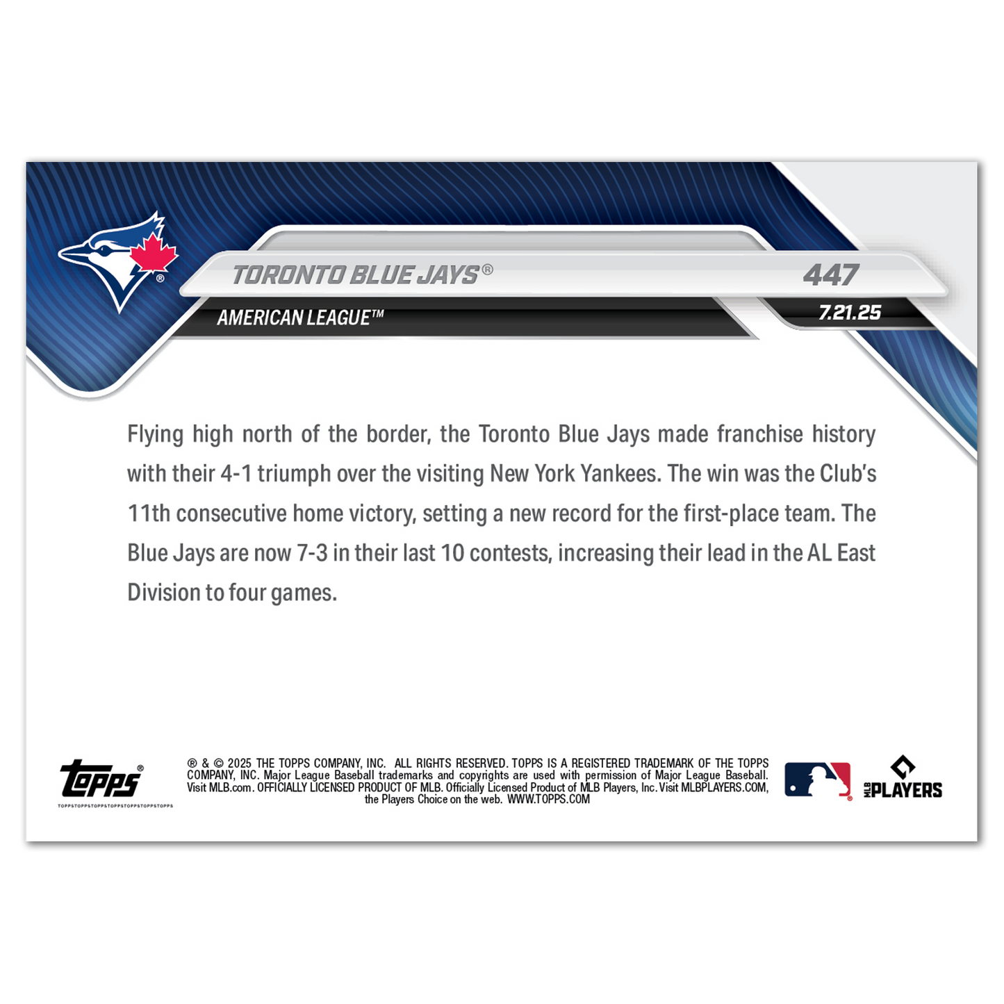 Toronto Blue Jays - 2025 MLB Topps NOW® - Card 447