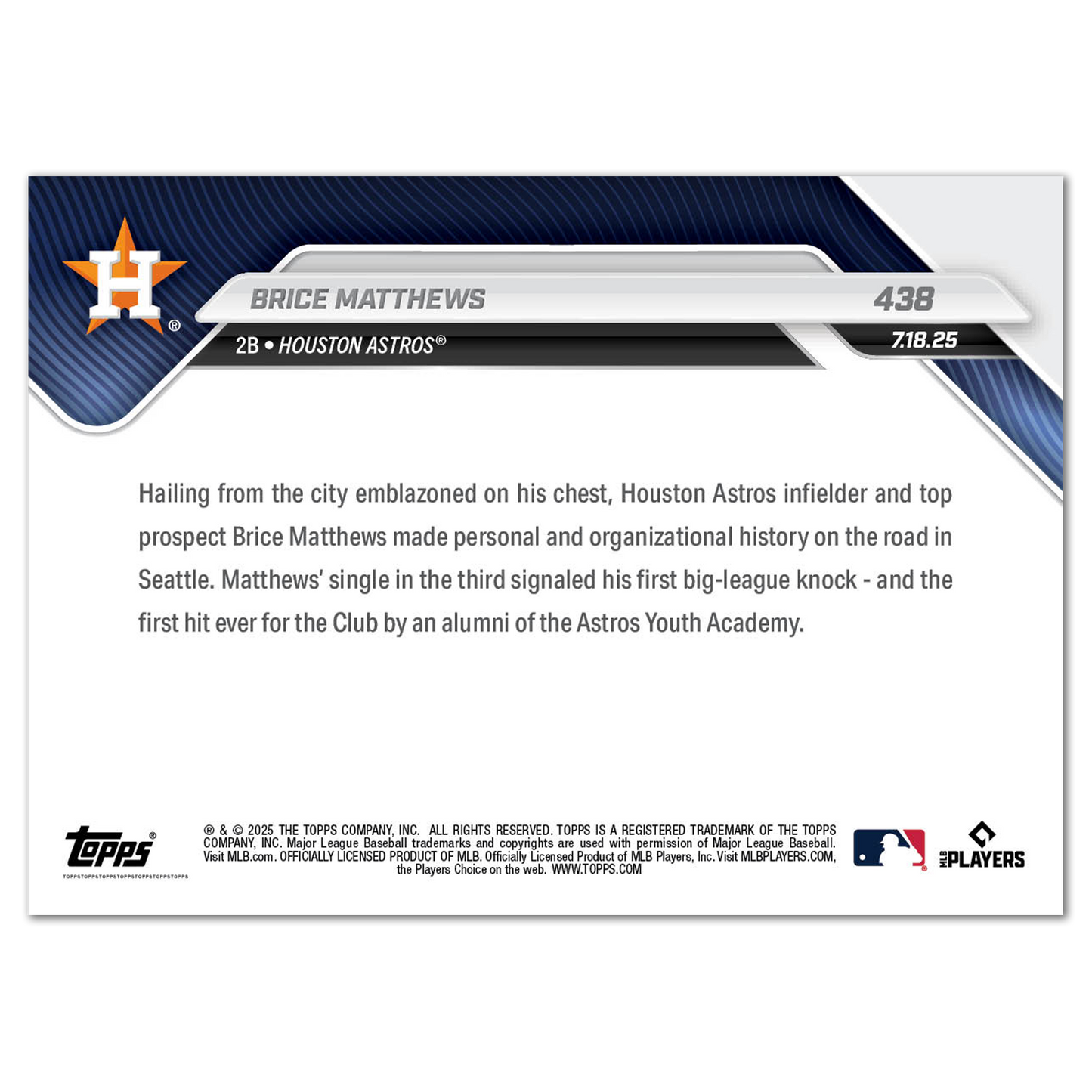 Brice Matthews - 2025 MLB Topps NOW® - Card 438