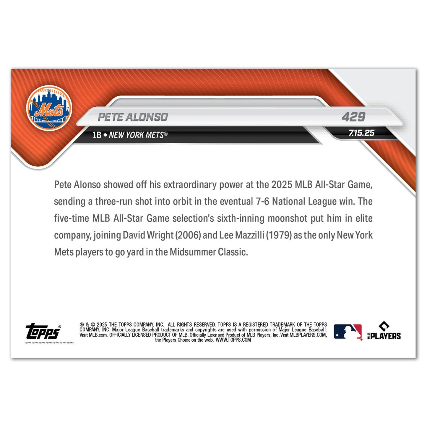 Pete Alonso - 2025 MLB Topps NOW® - Card 429